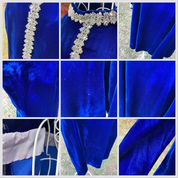 vintage 70s dress 1970s long sleeve velvet  deep blue rhinestone glitter | S-M | - Picture 2 of 9